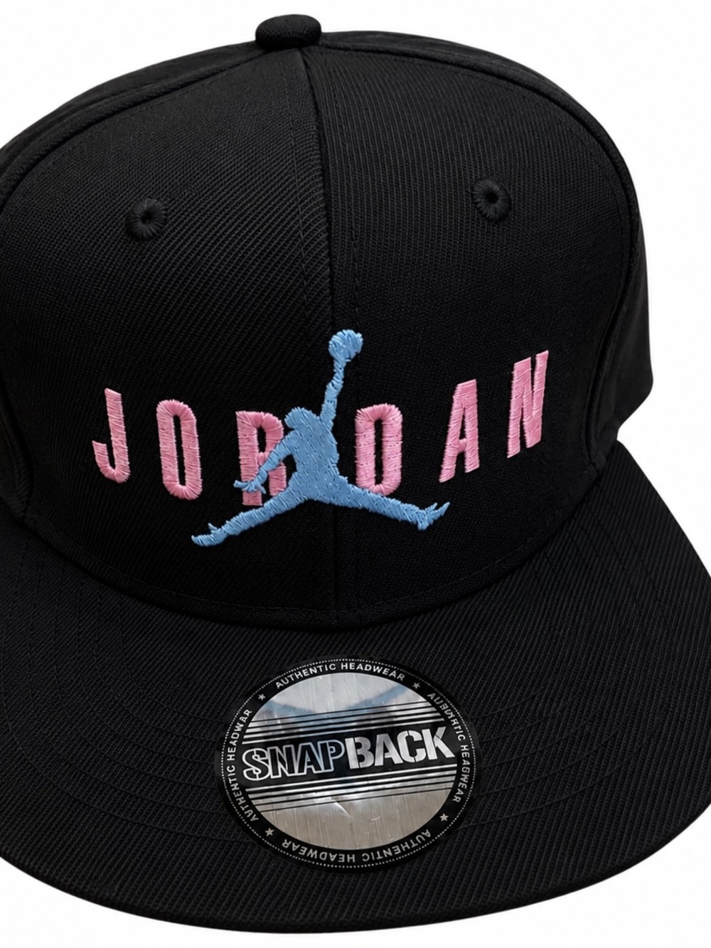 Jordan Black Snapback Hat with Pink Lettering & Light Blue Jumpman air Jordan